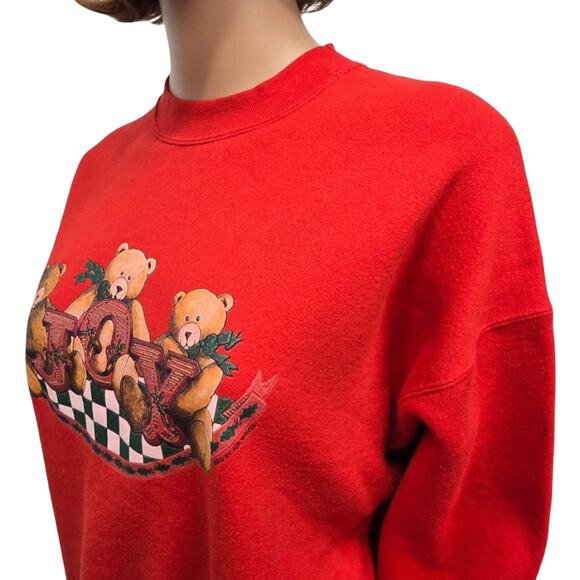 Vintage 90s Miller Sweatshirt XL Joy Teddy Bear Christmas USA Made Mockneck Red - Picture 6 of 11